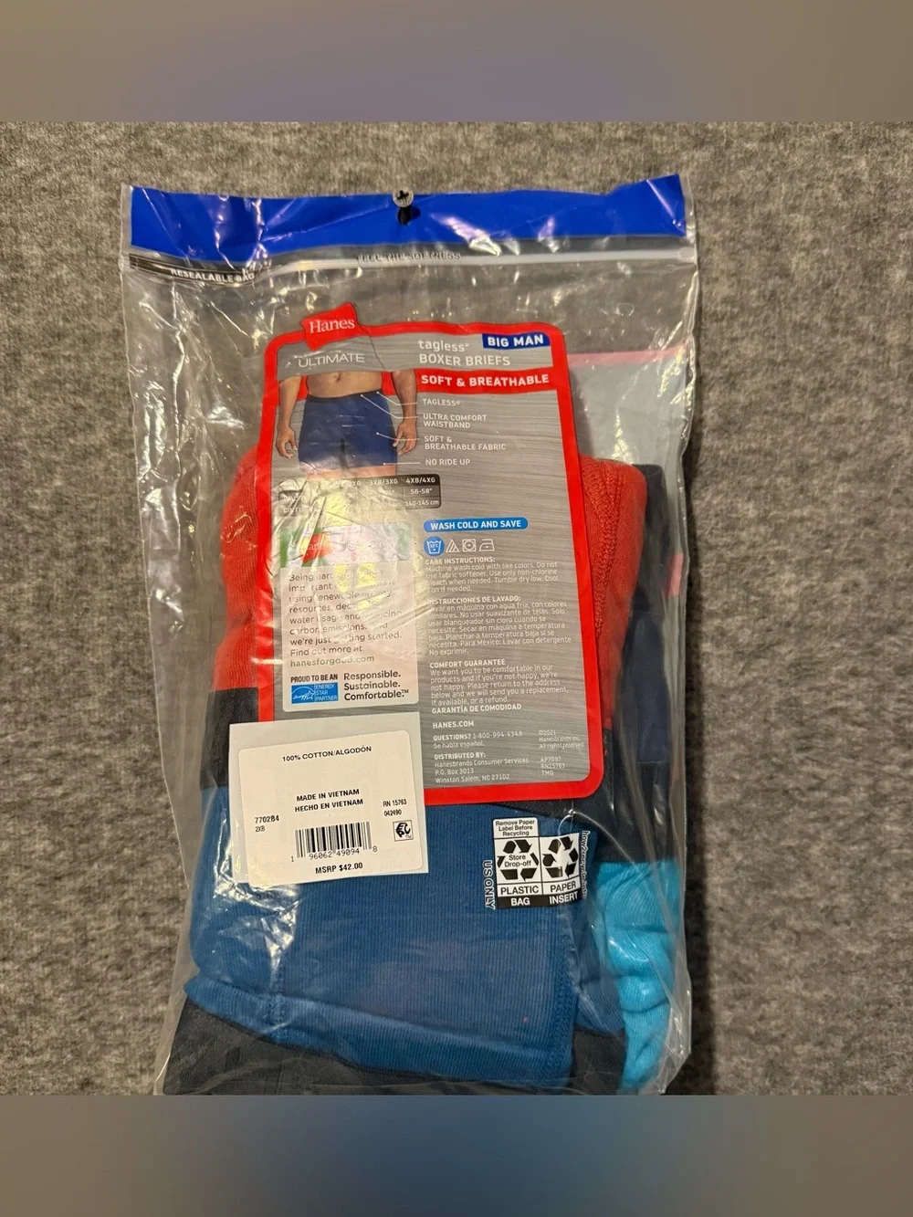 Hanes 4 Pack Tagless Boxer Briefs Mens 2XB 48-50 Big Man Soft Wicking Comfort
